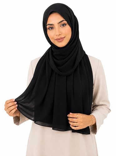 Women’s Chiffon Hijab Scarf - Heavyweight Solid Color Shawl & Wrap, Soft Breathable Headwrap for All Seasons - color: Mcgjxfs2604-black