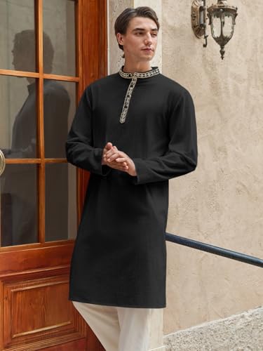 Runcati Mens Cotton Kaftan Robe Long Sleeve Button Down Henley Shirts Thobe Casual Side Split Gown Shirt - color: Black, size: Medium