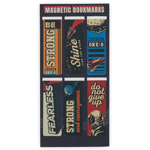 Christian Art Gifts Magnetic Scripture Bookmark Set for Boys & Girls: Strong & Courageous Bible Verse, Multicolor Outer Space Travel Theme, Books, Bibles, Notes, Refrigerators, 6 Piece Set 2.3" x 0.8" - color: Be Strong Outer Space