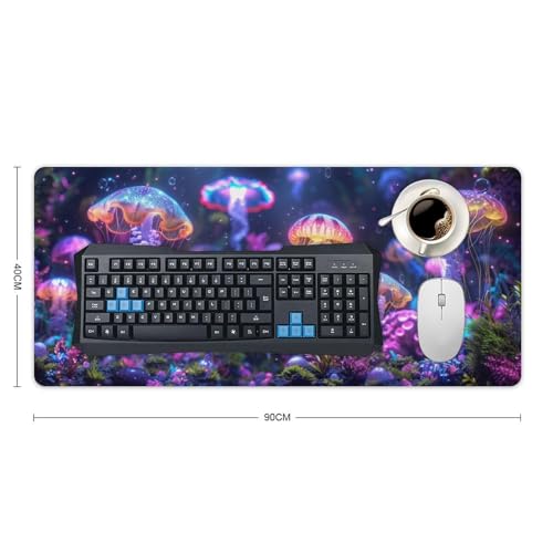 KeKee Colorful Sea Aquarium Neon Jellyfish Octopus Mushrooms Large Mouse Pad Gaming Mousepad Desk Pad for Keyboard and Mouse Mat Non-Slip Base 40x90cm, Style - size: 40x90cm