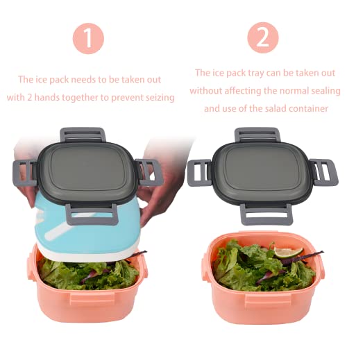 Freshmage Salad Container for Lunch with Ice Pack, Leakproof BPA-Free 52-oz Lunch Container with 4 Compartments, Salad for Men, Women (Pink+Ice Pack) - color: Pink-52oz+Ice Pack
