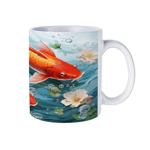 Japanese Pretty Red Carp Fish Ceramic Coffee Cups with Handle,Porcelain Coffee Mugs for Men Women Tea Cup for Cappuccino Latte Mocha Milk Macchiato Cafe