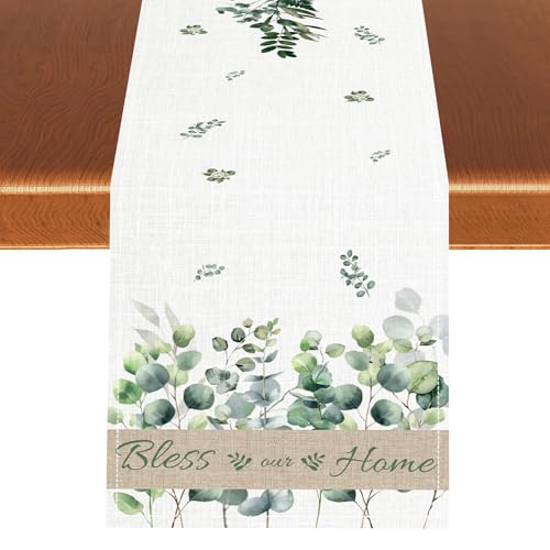 Eucalyptus Table Runner, Seasonal Floral Sage Blue Spring Summer Green Plants Table Runner for Coffee Table Home Party Kitchen Dining Table Wedding Party Decor, 13x36 inches - color: Tr-eucalyptus07, size: 13x36" Table Runner