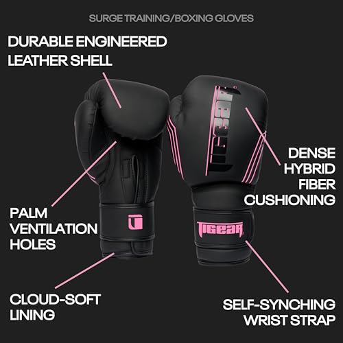 Tigear Surge Pro Boxing Gloves for Men Women & Kids | Engineered Leather Muay Thai Gloves, MMA Gear, Kickboxing Heavy Bag Training and Sparring - color: Black/Pink, size: 12 oz