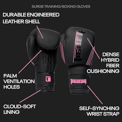 Tigear Surge Pro Boxing Gloves for Men Women & Kids | Engineered Leather Muay Thai Gloves, MMA Gear, Kickboxing Heavy Bag Training and Sparring - color: Black/Pink, size: 16 oz