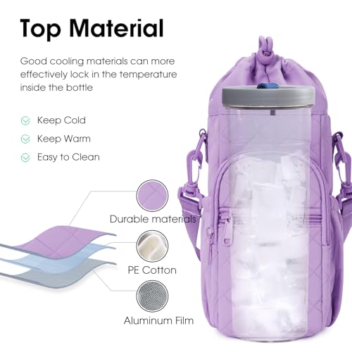 sportsnew 40oz Insulated Crossbody Water Bottle Bag Gym Hiking Phone Pocket | Water-resistant Lining, Padded Strap, Top Handle, Drawstring, Phone Pocket, Elastic Slots, Built-In Key Clip for Gym Walking - color: Quilt Purple