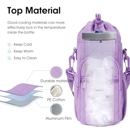 sportsnew 40oz Insulated Crossbody Water Bottle Bag Gym Hiking Phone Pocket | Water-resistant Lining, Padded Strap, Top Handle, Drawstring, Phone Pocket, Elastic Slots, Built-In Key Clip for Gym Walking - color: Quilt Purple