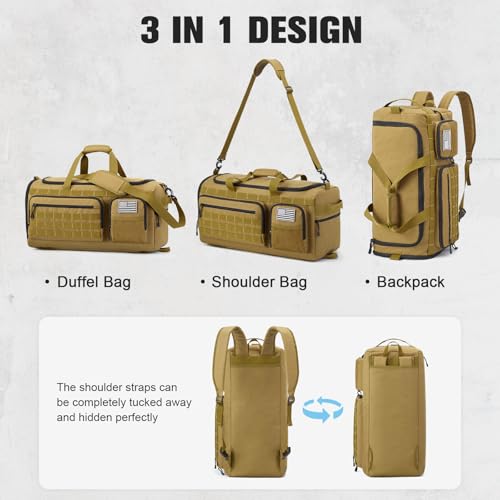 G4Free 3-in-1 Duffle Bag Travel Gym Sports, Large Tactical Duffel Backpack | 50L/65L with Shoes Compartment and Wet Pocket, Military Workout Bag for Men and Women, Khaki - color: Khaki