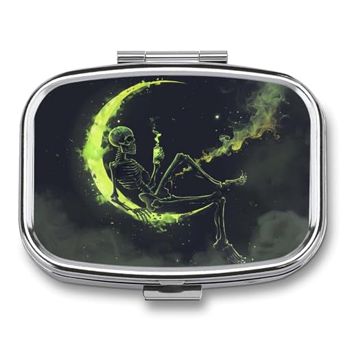 Metal 2 Compartment Pill Organizer Travel Friendly Portable Compact Pill Box Cute Pill Case to Hold Vitamins,Fish Oil,Supplements,Meds,Tablet for Purse,Pocket. (The Skeleton on the Moon) - color: The Skeleton on the Moon