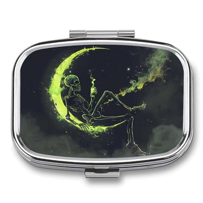 Metal 2 Compartment Pill Organizer Travel Friendly Portable Compact Pill Box Cute Pill Case to Hold Vitamins,Fish Oil,Supplements,Meds,Tablet for Purse,Pocket. (The Skeleton on the Moon) - color: The Skeleton on the Moon