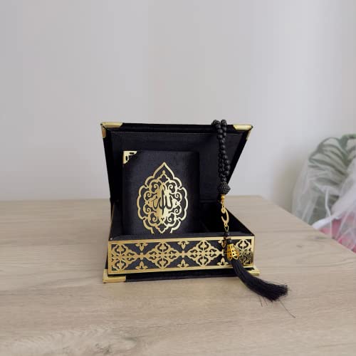Velvet Covered Quran Tasbeeh Islamic Gift Set | Holy Quran Prayer Beads Wooden Gift Box | Islamic Birthday, Wedding Gift | Islam Graduation Gift | Muslim Gift Favor | Eid, Ramadan Gift Favor (Black) - color: Black