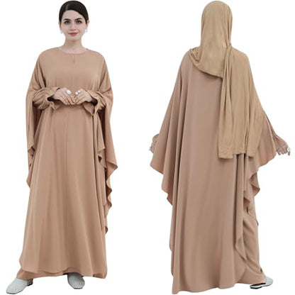 2PCS Women's Muslim Abaya Dress Lace Cuffs Islamic Dubai Prayer Robe Smooth Flowy Muslim Women Clothes - color: Khaki, size: Medium
