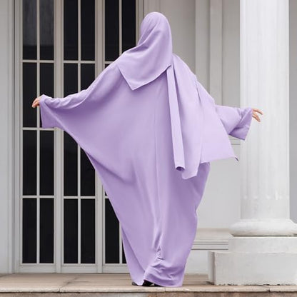 IDOPIP Abayas for Women Muslim Dress with Hijab, One-Piece Long Sleeve Islamic Prayer Dress with Khimar Jilbab Kaftan Clothes - color: Light Purple + Hijab