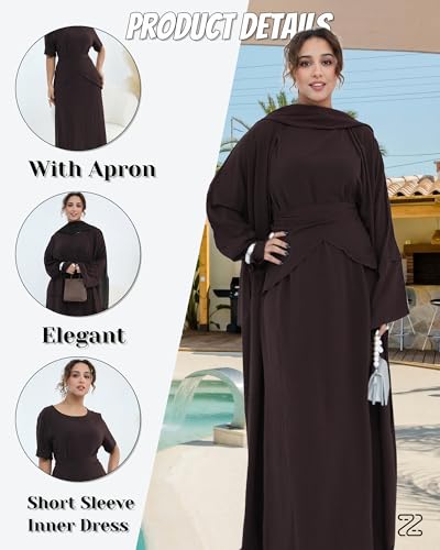 Abaya Muslim Prayer Dress Set Ramadan Open Front Islamic Clothing 3pcs Prayer Robe with Waist Apron Loose Flowy - color: Coffee, size: Large