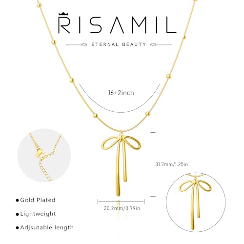 Risamil 여성용 골드 목걸이 - 리본 목걸이 14K 앙증맞은 골드 목걸이 귀엽고 작은 나비 펜던트 초커 체인 목걸이 트렌디 목걸이 여성용 골드 주얼리 선물 - color: 리본 목걸이-7