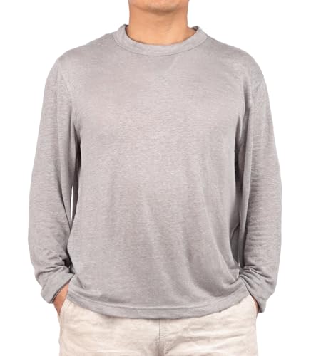 CLSEN Men's 100% Linen Long Sleeve Tee – Relaxed Crewneck - color: Gray, size: Large