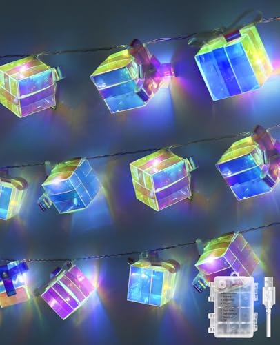 AceList Iridescent Gift Box String Lights Indoor 20 LED 9.84ft Holographic Lights with 8 Modes Battery & USB Powered Present Shape Fairy Lights for Birthday Christmas Wedding Decor - color: Gift