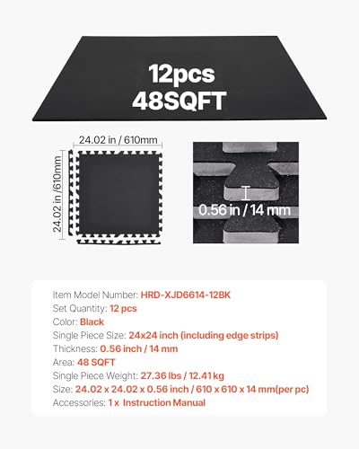 VEVOR 0.56Inch 48sq.ft 12 Tiles Gym Flooring for Home Gym, Rubber Top with High Density EVA Foam, 24 x 24In Gym Floor Exercise Equipment Mats, Interlocking Gym Mats, Puzzle Workout Mats, Black | Rubber Top with High Density EVA Foam, Lightweight Gym Floor