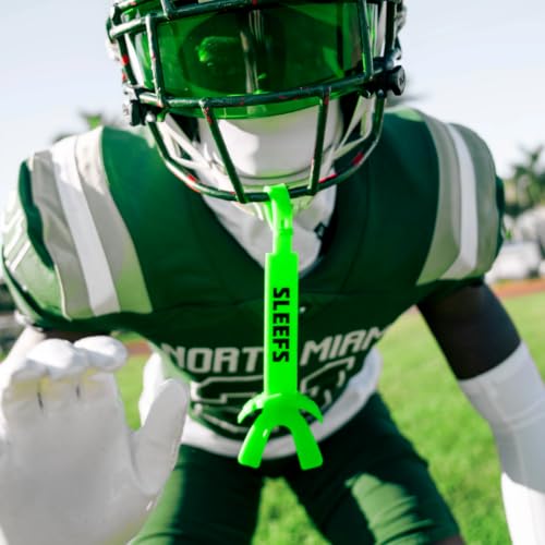 SLEEFS X Hot Green Football Mouth Guard - Lip/Mouthguard with Helmet Strap - Lip/Teeth Protector Mouthpiece - Moldable - for Youth/Adults, Men & Women Mouth Guard, Maximum Air Flow, All Sports - color: Hot Green