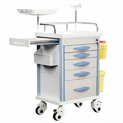 Crash Cart with Central Lock - Mobile Emergency Treatment Trolley with IV Pole, Cardiac Board, O₂ Tank Holder, Trash Bin & 5 Drawers for Clinics Nursing Center (Grey) - color: Gray