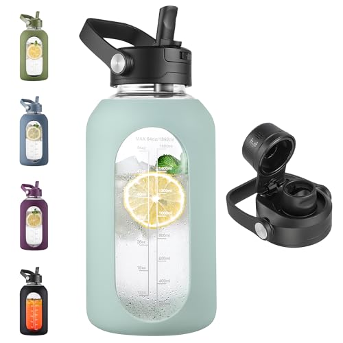 CIVAGO 64 oz Glass Water Bottle Jug with Detachable Straw and Time Maker | Half Gallon Motivational Large Flask Cup with Handle, Leakproof Lids, Wide Mouth, Silicone Sleeve, Tumbler for Juice, Sage - color: .Sage, size: 64 Ounces