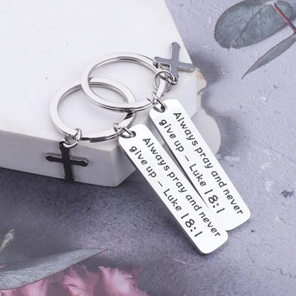 LQRI Bible Verse Gifts Always Pray and Never Give Up Luke 18:1 Scripture Keychain Set Religious Christian Gift for Men Women