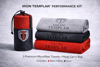 Gym Towel 3-Pack, Templar Endurance Microfiber – Quick Dry Sports Towels (Black, Red, Gray) – 29.5” x 13.8” Workout, Travel & Outdoor Performance Towels