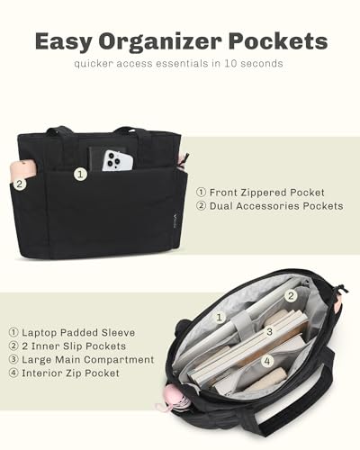 Hynes Eagle Tote Bag for Women Quilted Travel Bag Lightweight Puffer Tote Shoulder Handbag with Compartments Work/Gym/Teacher - color: Black