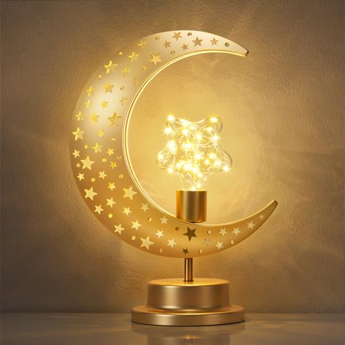 Luxspire Ramadan Moon Lamp, Crescent Moon & Star Ramadan Lights Decorations for Home, Eid Mubarak Decor Battery Powered Ramadan Lanterns, Moroccan Table Lamp Gift for Bedroom Nightstand,Moon+Star - color: Gold-Moon+Star