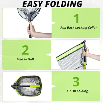 Floating Fishing Net for Fly Fishing, Foldable Landing Net | 31.2" Length, 15"x11.8" Hoop, Fish Net with Rubber Coated Polyethylene Mesh for Bass, Trout, Kayak & Boat Fishing - color: Green