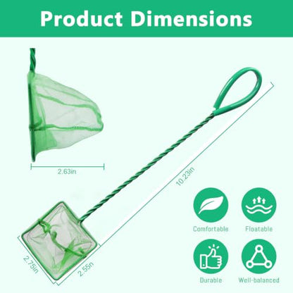 (10.23''L,Net Opening:2.75" x 2.55") Aquarium Fishing Net for Betta Tanks & Small Fish Tanks, Soft Fine Square Mesh, Food Wastes Skimmer for Small Ponds and Pools, Shrimp,Green - color: Green 10.23''