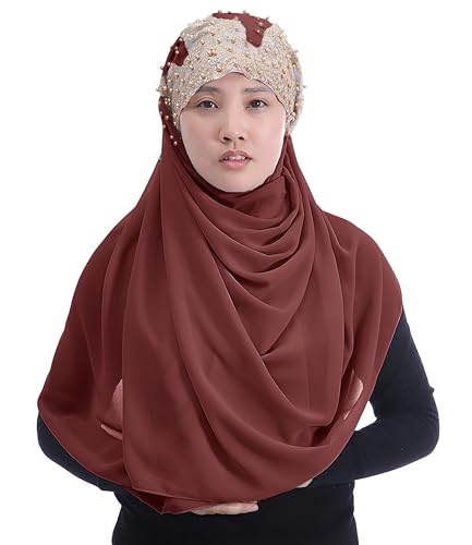 Lina & Lily Premium Chiffon Hijab Head Scarf Wrap with Gold Sequins Glitters Beads for Muslim Women - color: Brick Red