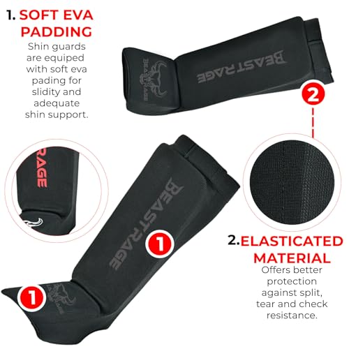 BEAST RAGE Shin Guards for Muay Thai, Kickboxing, MMA Leg Guards Martial Arts Taekwondo, Boxing, Elasticated Sock Padded Leg Instep Pads, Shin Pads,Sparring Training, Karate BJJ - color: BLACK, size: X-Large