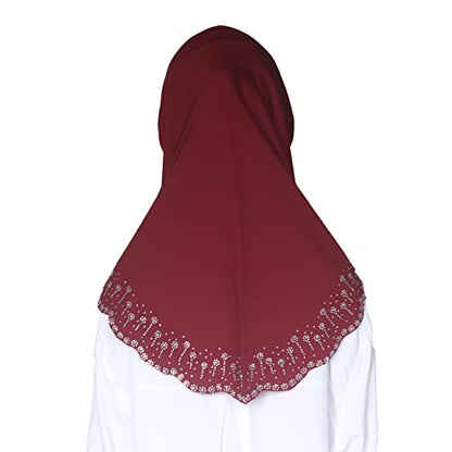 Girls Hijab with Rhinestones – Sparkly Non-Slip Amira Scarf for Kids, for Daily Prayer, School, Ramadan & Eid (Ages 4-12) - color: Wine Red-wavy Edge