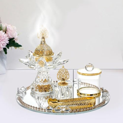 Generic Glass Incense Burner 5-Pieces Set Ramadan Decoration with Tray Storage Jar and Tongs Censer Arabian Incense Holder,Attractive Gold Incense Burner Set for Yoga SPA Desk Decor - style: Style D