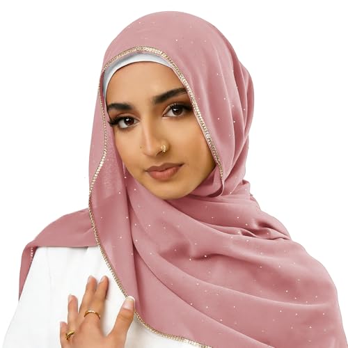 Hijab Scarf for Women Soft Chiffon Rhinestone Long Scarf Shawl Fashion Muslim Hijab Head Wrap Scarves - color: Pink