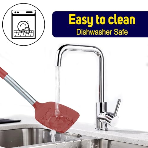 HOTEC Silicone Spatula Set of 2 Heat-Resistant 600°F & BPA-Free Kitchen SaptulaTurner with Stainless Steel Handles, Slotted & Solid Spatulas for Nonstick Cookware, 13.7 Inch, Red - color: Red