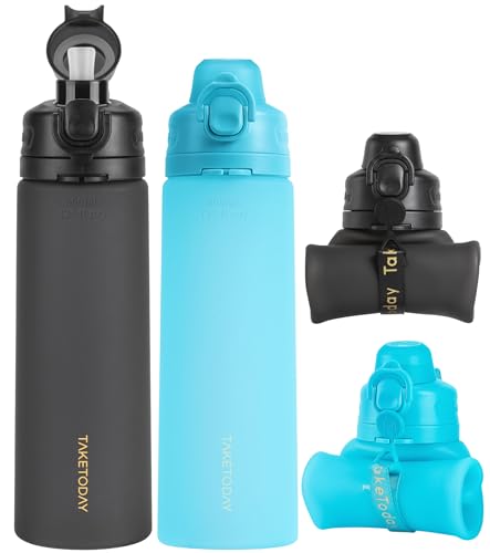 TakeToday Collapsible Water Bottles 21oz (600mL), Foldable Platinum Silicone Travel Water Bottle with Straw & Carry Strap, Leak-Resistant Screw Lid, Wide Mouth, BPA-Free for Hiking, Camping, Travel - color: Black&Ocean