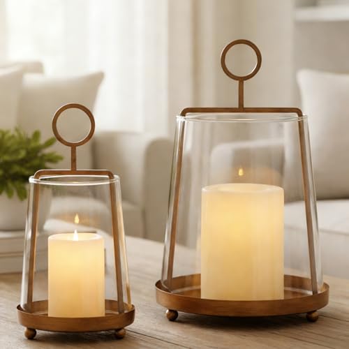 Hurricane Glass Candle Holders 2 Pcs, Metal Candle Holder for Pillar Candles,Decorative Home Coffee Table Decor, - size: 9.84"H & 8.07" H