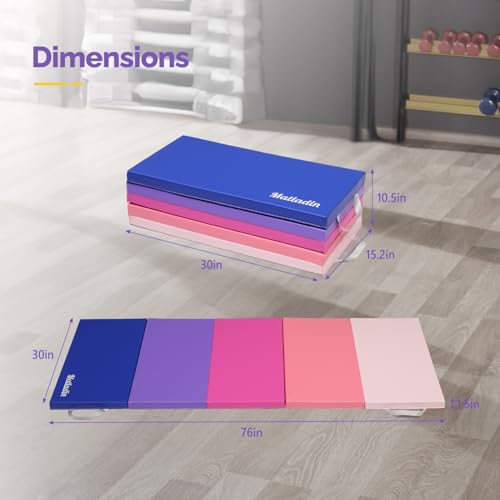 Matladin Folding Gymnastics Gym Exercise Aerobics Mat, 76"L x 30"W x 1.5"Th Folding Exercise Mat, Easy to Clean PU Leather Tumbling Mats for Stretching Yoga Cheerleading Martial Arts, Kid Play(Pink ,Blue） - color: Pink ,Blue Gradient