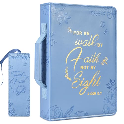 FINPAC Large Classic Bible Cover Vegan Leather Carrying Book Case Church Bag Bible Protective with Handle, Gift for Men, Women, Father, Mother, Light Blue - color: Light Blue