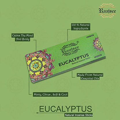 Raajsee Incense Sticks Eucalyptus 100 gm Pack-100% Pure Organic Natural Hand Rolled Free from Chemicals-Perfect for Church, Aromatherapy,Relaxation,Meditation,Positivity & Sensual Therapy - color: Eucalyptus