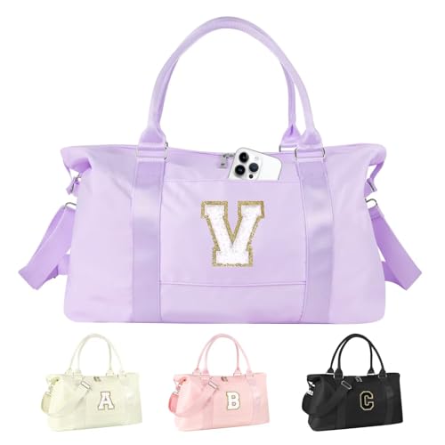 Dance Gym Duffel Bag for Teen Girls,Personalized Initial Travel Weekender Bag,Overnight Carry On Duffle for Women,Sports Travel Cheer Bag,Monogram Graduation Birthday Gifts for Tween Preppy(purple-V) - color: purple-chenille, style: V