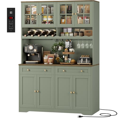 HOSTACK 75" Kitchen Pantry Storage Cabinet, Coffee Bar Hutch Cabinet, Green | Tall Pantry Cabinet with Charging Station / Wide Countertop / Glass Doors / Wine Rack / Cup Holder / Drawers, Dining Room - color: Green