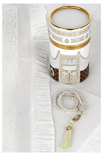 ihvan online Muslim Prayer Rug and Prayer Beads with Elegant Design Cylinder Gift Box, Janamaz, Soft Sajadah, Islamic Gifts Set, Portable Prayers Carpet Mat, Taffeta Fabric, White / Mod2 - color: White/Mod2
