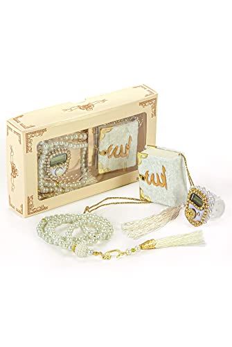 İhvan Online Mini Velvet Quran Set with Islamic Finger Counter, Portable Digital Tasbeeh, Muslim Prayer Beads, Pearl Zikirmatic Beads, 3 Pieces Gift Set for Mevlüt (Cream) - color: Cream