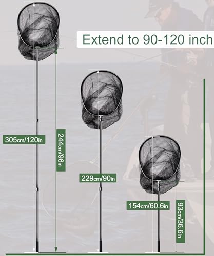 Large Fishing Net Saltwater Rubber Fishing Net Kayak Fishing Landing Net with Telescoping Handle Freshwater Fish Nets with Long Handle Extends 90-120inch