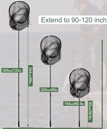 Large Fishing Net Saltwater Rubber Fishing Net Kayak Fishing Landing Net with Telescoping Handle Freshwater Fish Nets with Long Handle Extends 90-120inch