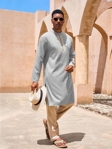 Yousify Mens Kaftan Thobe Casual Henley Shirts - color: Dark Grey, size: X-Large