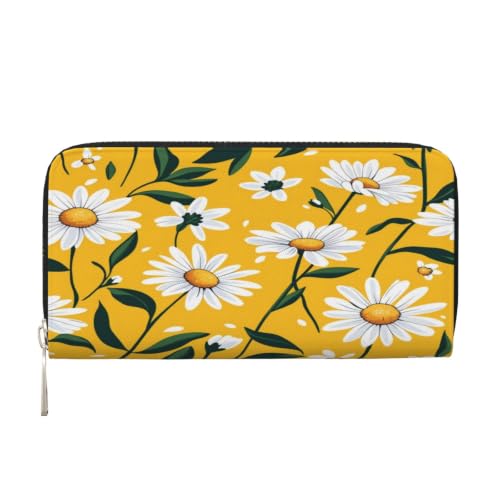 Daisies On Yellow Background PU Leather Long Wallet for Women Men, Zipper Clutch Wallet RFID Card Holder Organizer - color: Daisies On Yellow Background